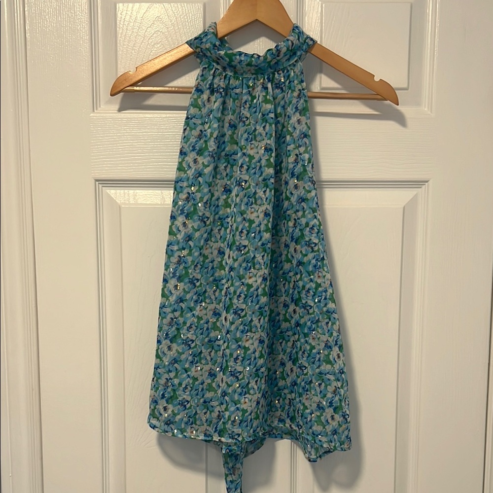 Sabina Musayev Teal Floral Halter Blouse
